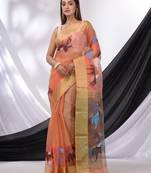 Peach Muslin Tissue Handwoven Saree With Zari Border
