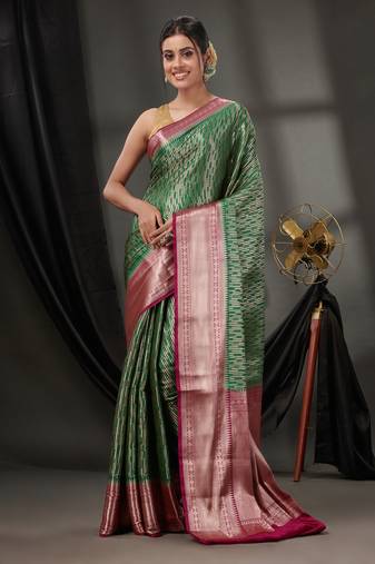 Green Blended Silk Handwoven Saree With Woven Zari Designs