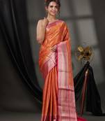 Orange Blended Silk Handwoven Saree With Woven Zari Designs