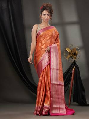 Orange Blended Silk Handwoven Saree With Woven Zari Designs 2