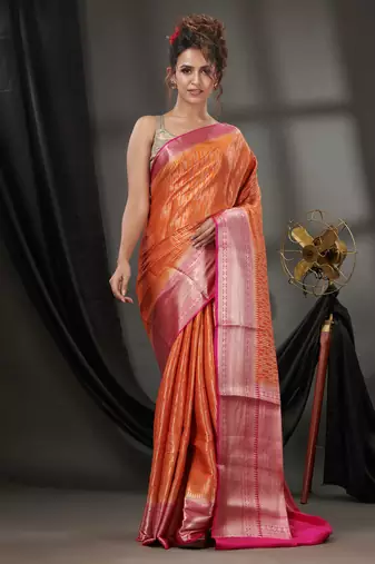 Orange Blended Silk Handwoven Saree With Woven Zari Designs