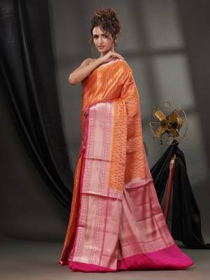 Orange Blended Silk Handwoven Saree With Woven Zari Designs 3