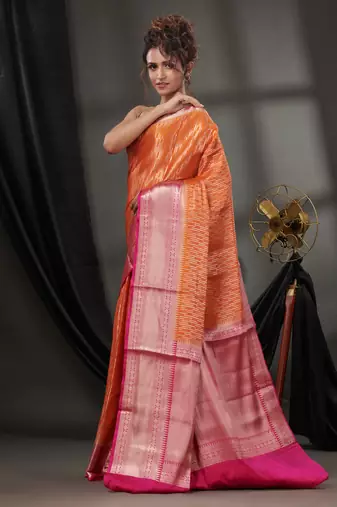 Orange Blended Silk Handwoven Saree With Woven Zari Designs