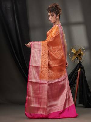 Orange Blended Silk Handwoven Saree With Woven Zari Designs 4