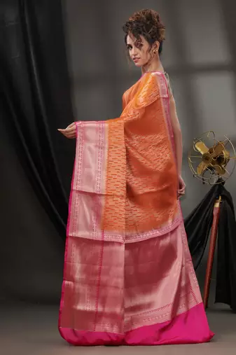 Orange Blended Silk Handwoven Saree With Woven Zari Designs
