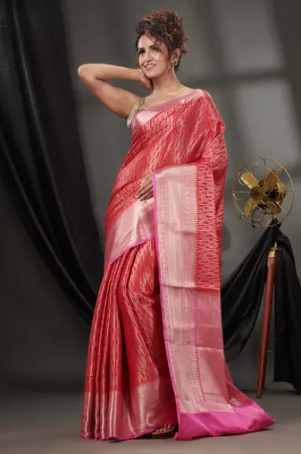 Red Blended Silk Handwoven Saree With Woven Zari Designs