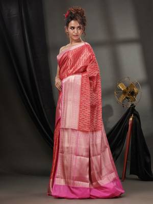 Red Blended Silk Handwoven Saree With Woven Zari Designs 3