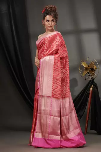 Red Blended Silk Handwoven Saree With Woven Zari Designs