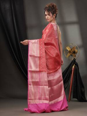 Red Blended Silk Handwoven Saree With Woven Zari Designs 4