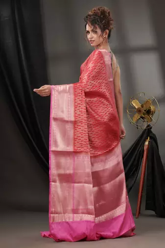 Red Blended Silk Handwoven Saree With Woven Zari Designs