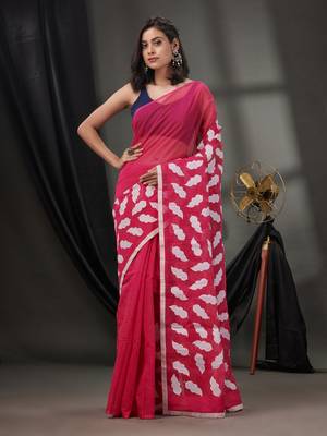 Fuchsia Blended Cotton Handwoven Saree With Leaf Applique 1