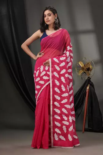 Fuchsia Blended Cotton Handwoven Saree With Leaf Applique