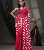 Fuchsia Blended Cotton Handwoven Saree With Leaf Applique