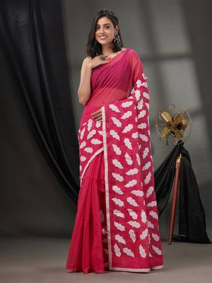 Fuchsia Blended Cotton Handwoven Saree With Leaf Applique 2
