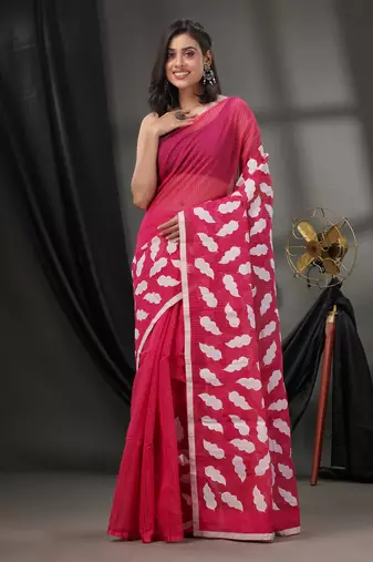 Fuchsia Blended Cotton Handwoven Saree With Leaf Applique