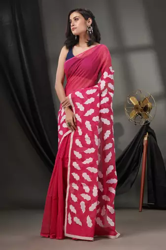 Fuchsia Blended Cotton Handwoven Saree With Leaf Applique