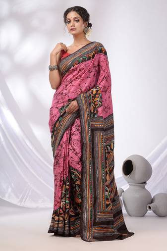Pink And Black Bangalore Silk Kantha Stitch Handwoven Saree