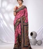 Pink And Black Bangalore Silk Kantha Stitch Handwoven Saree