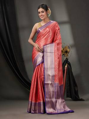 Red Blended Silk Handwoven Saree With Woven Zari Designs 1