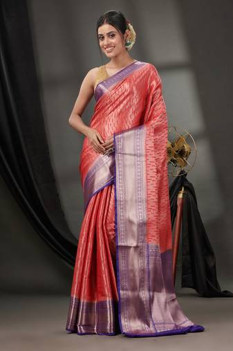 Red Blended Silk Handwoven Saree With Woven Zari Designs