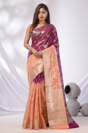 Peach And Purple  Georgette Handwoven Saree With Floral Nakshi Designs