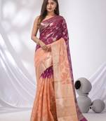 Peach And Purple  Georgette Handwoven Saree With Floral Nakshi Designs