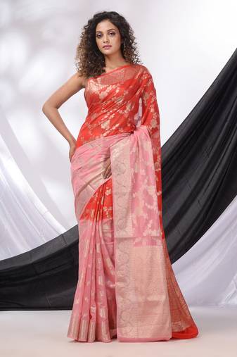 Pink And Red Georgette Handwoven Saree With Floral Nakshi Designs