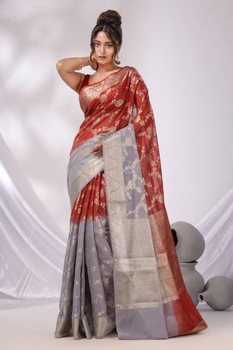 Red And Grey Georgette Handwoven Saree With Floral Nakshi Designs