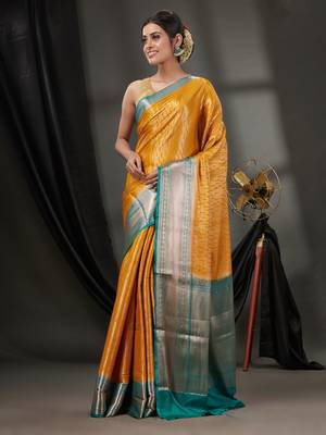 Mustard Blended Silk Handwoven Saree With Woven Zari Designs 1
