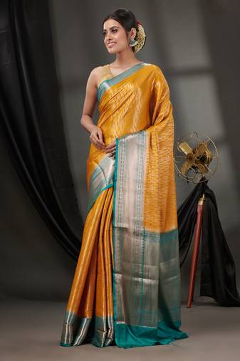 Mustard Blended Silk Handwoven Saree With Woven Zari Designs