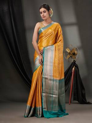 Mustard Blended Silk Handwoven Saree With Woven Zari Designs 2