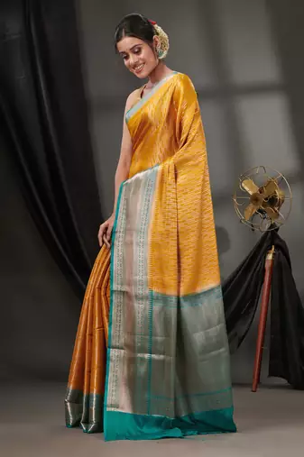 Mustard Blended Silk Handwoven Saree With Woven Zari Designs