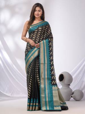 Black Cotton Blend Handwoven Saree With Texture Designs 1