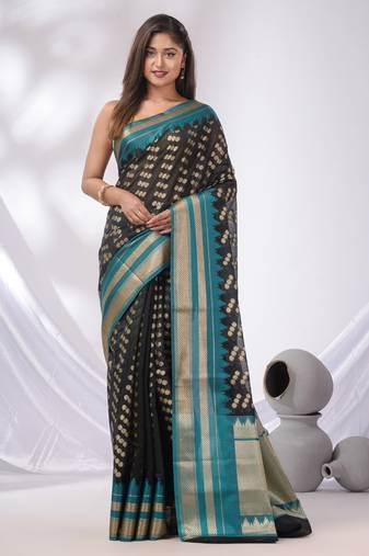 Black Cotton Blend Handwoven Saree With Texture Designs