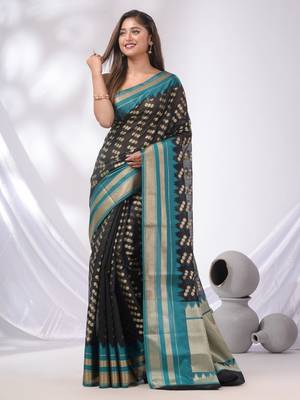 Black Cotton Blend Handwoven Saree With Texture Designs 2