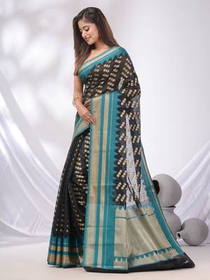 Black Cotton Blend Handwoven Saree With Texture Designs 3