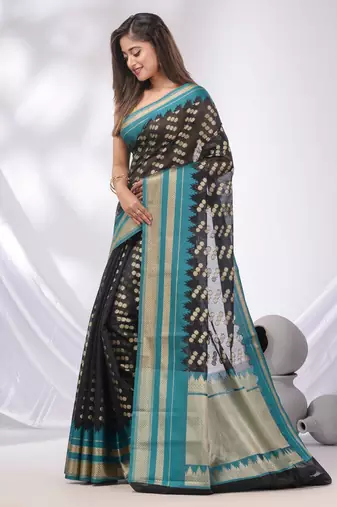 Black Cotton Blend Handwoven Saree With Texture Designs
