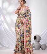 White Bangalore Silk Nakshi Kantha Stitch Handwoven Saree