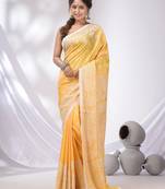 Light Yellow Blended Silk Kantha Stitch Handwoven Saree With Gujrati Work