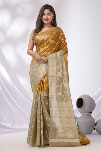 Yellow And Beige Georgette Handwoven Saree With Floral Nakshi Designs