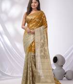 Yellow And Beige Georgette Handwoven Saree With Floral Nakshi Designs