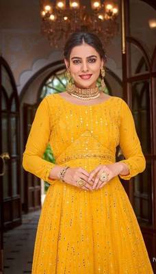 Yellow heavyfront & back embroidery georgette floor length full stitch gowns 2