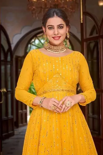 Yellow heavyfront & back embroidery georgette floor length full stitch gowns