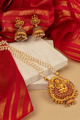 Traditional Temple Necklace Set with Pearl Chain and Laxmi Motif Pendant 1