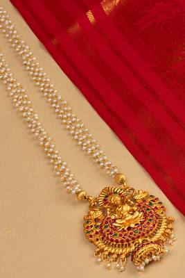 Traditional Temple Necklace Set with Pearl Chain and Laxmi Motif Pendant 2