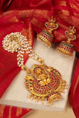 Traditional Temple Necklace Set with Pearl Chain and Laxmi Motif Pendant 3