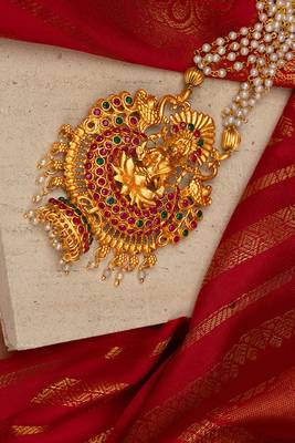 Traditional Temple Necklace Set with Pearl Chain and Laxmi Motif Pendant 5
