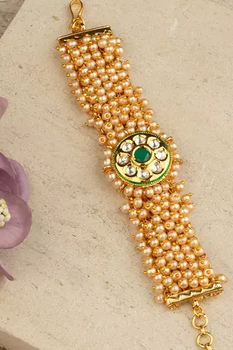 Gold Plated Statement Kundan & Pearl Finish Bracelet