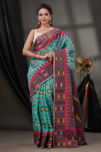 Sea Green Cotton Dhakai Jamdani Handwoven Saree With Woven Designs Without Blouse