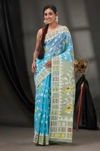 Sky Blue Cotton Dhakai Jamdani Handwoven Saree With Woven Designs Without Blouse